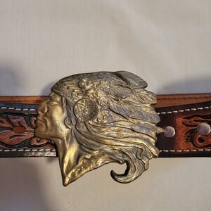 Vintage Native American Chief Genuine Leather Floral Engraved Belt